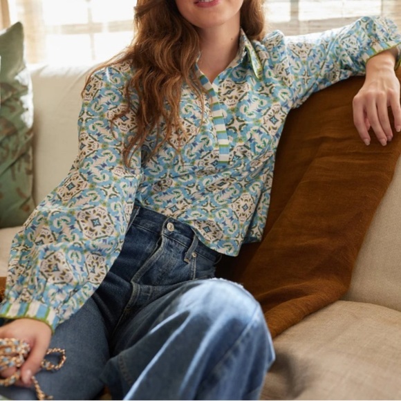 Brooks Ave Scalloped Long Sleeve Blouse - English Tile - Picture 2 of 11